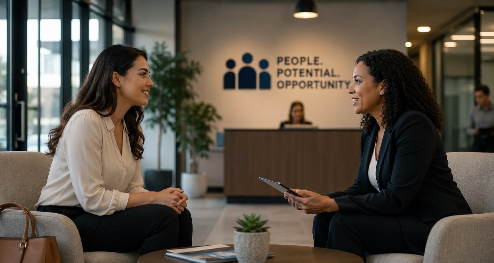 A Quinn recruiter meeting one-on-one with a candidate in a bright office lobby